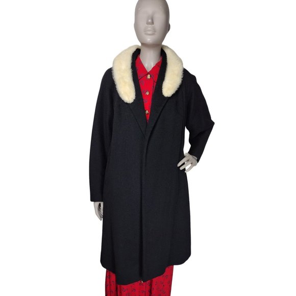 Vintage 1930's Black Wool Fox Fur Collar Open Front Opera Swing Dress Ov… - Picture 3 of 16